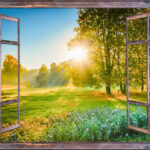 beautiful sunrise sunshine view from the window with curtains